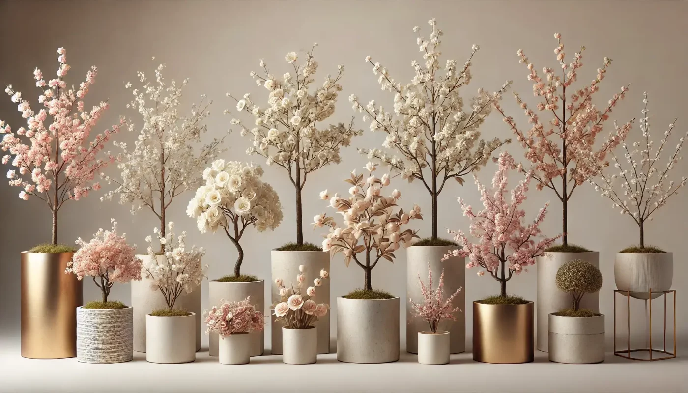 درختچه‌های شکوفه‌ای مصنوعی با گل‌های صورتی، سفید و یاسی در گلدان‌های شیک دکوراتیو، مناسب برای فضاهای لوکس جشن و مراسم عروسی