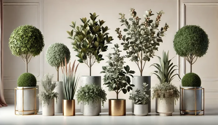درختچه‌های دکوراتیو مصنوعی با طراحی طبیعی و گلدان‌های مدرن، مناسب تزئین فضاهای لوکس داخلی و جشن‌ها