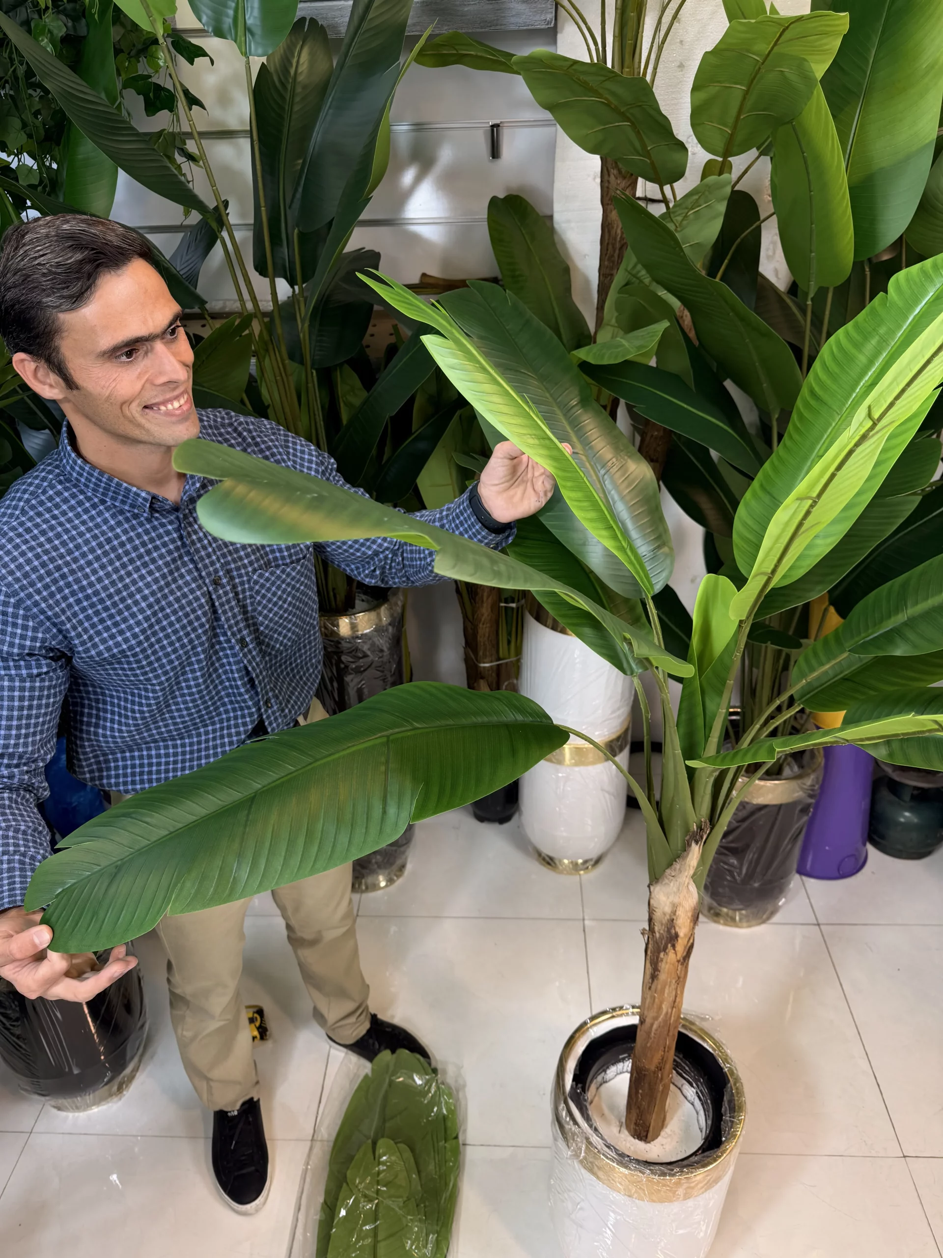 درختچه مصنوعی موز ۱۳ برگ لمسی با تنه طبیعی