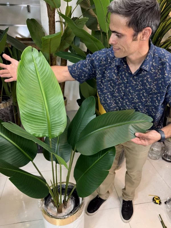 نمای نزدیک برگ‌های پلیمری چرمی گیاه مصنوعی پرنده بهشتی با رگ‌برگ‌های دقیق