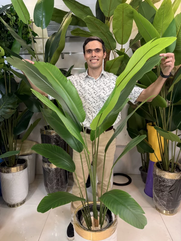 نمای کامل درختچه مصنوعی پرنده بهشتی با برگ‌های پهن لمسی و کیفیت عالی