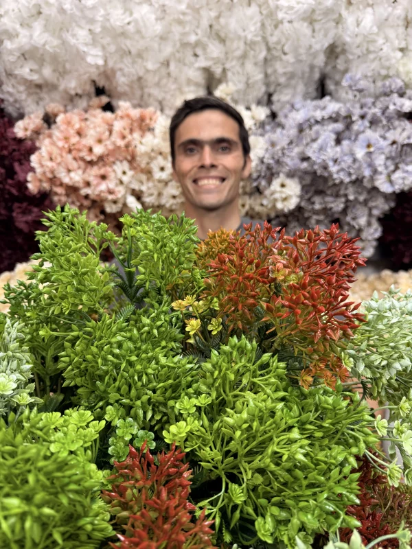 بوتههای مصنوعی قاصدک در رنگهای قرمز، سبز فسفری، سبز تیره و سبز قهوهای در کنار هم