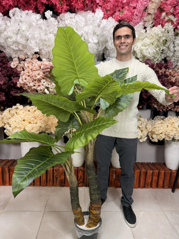 جزئیات و بافت برگهای لمسی درختچه باباآدم مصنوعی با رگههای طبیعی و رنگ سبز تیره و روشن.