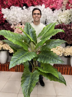 چیدمان درختچه باباآدم مصنوعی در کنار مبلمان منزل برای ایجاد فضای سبز و مدرن.