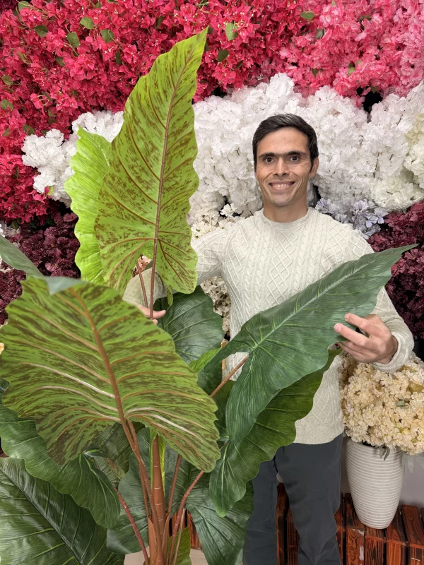 نمای نزدیک از برگهای باکیفیت و رگههای طبیعی درختچه مصنوعی باباآدم طرح چریکی