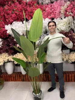 نمای کامل درختچه مصنوعی پرنده بهشتی برگ پهن با ارتفاع دو متر و ۱۵ برگ طبیعی.