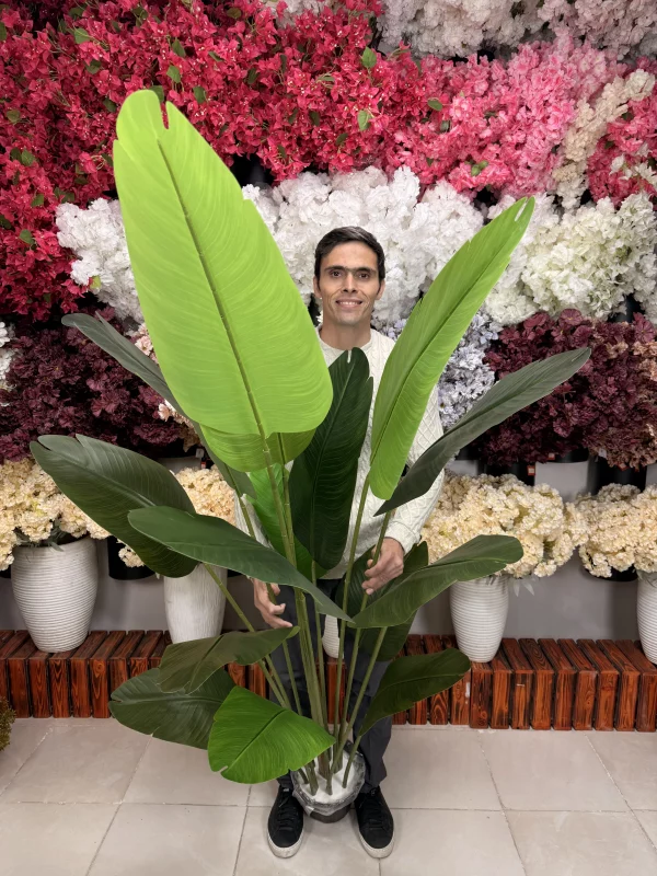 درختچه پرنده بهشتی مصنوعی سایز بزرگ در دکوراسیون داخلی منزل برای نمایش ابعاد و زیبایی.