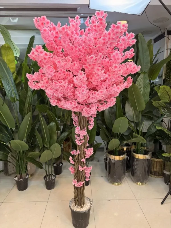شکوفه بهاری مصنوعی صورتی با تنه چوب طبیعی و برگ پارچه‌ای قابل شستشو
